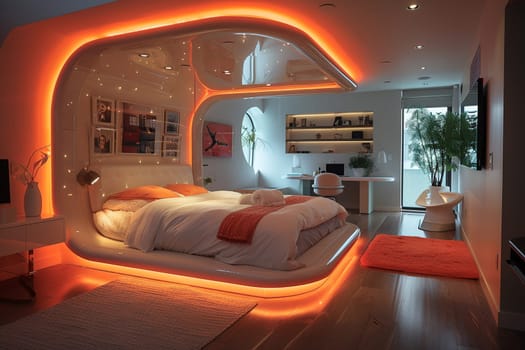 Futuristic bedroom with dynamic lighting and modular furniture
