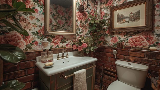 Elegant powder room with floral wallpaper and antique mirror