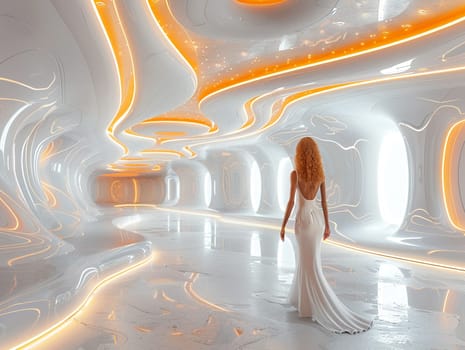 Futuristic lobby with interactive installations and high-tech features