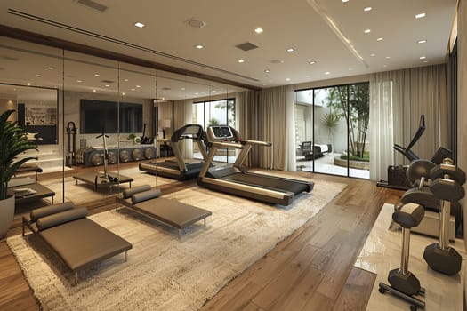 Functional and stylish home gym with mirrored walls and modern equipment