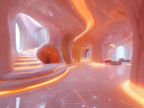 Futuristic lobby with interactive installations and high-tech features