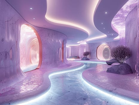 Futuristic lobby with interactive installations and high-tech features