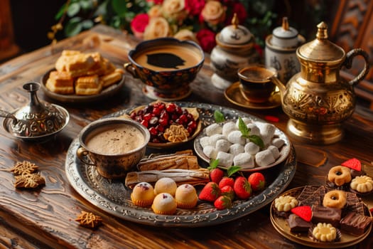 A table displays a wide array of different foods, including meats, vegetables, bread, and desserts.