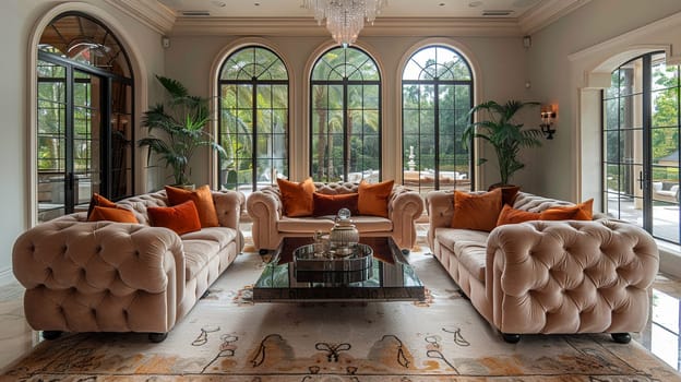 Glamorous Hollywood Regency-style living room with plush fabrics and mirrored surfaces