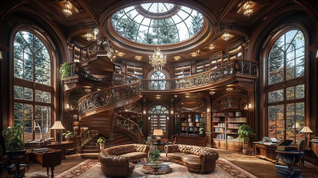 Grand library with a spiral staircase and domed ceiling