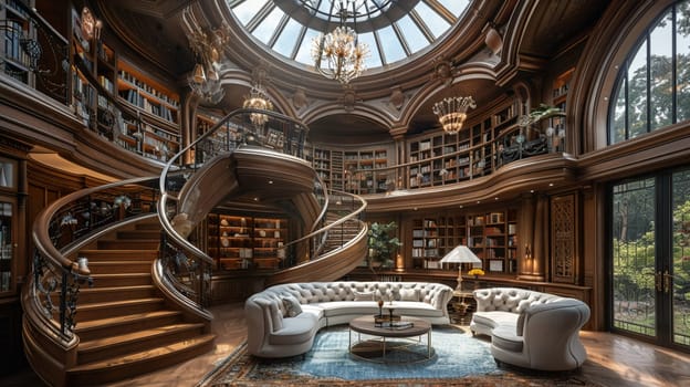 Grand library with a spiral staircase and domed ceiling