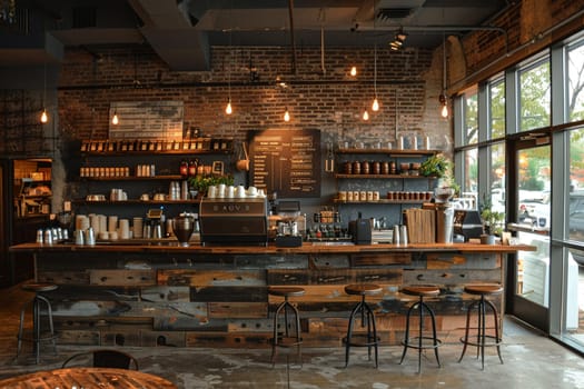 Industrial chic coffee shop with metal accents and communal seating