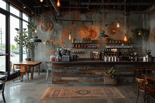 Industrial chic coffee shop with metal accents and communal seating