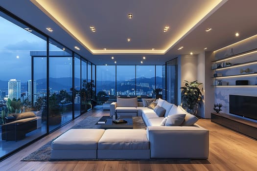High-tech smart home living room with integrated technology and sleek furniture