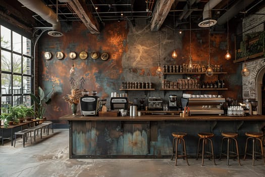 Industrial chic coffee shop with metal accents and communal seating