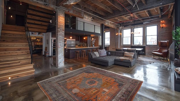 Industrial loft living space with exposed ductwork and concrete floors