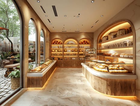 Inviting bakery with a display case full of treats and cozy seating