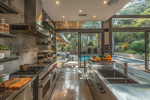 Industrial style kitchen with stainless steel countertops and open shelving