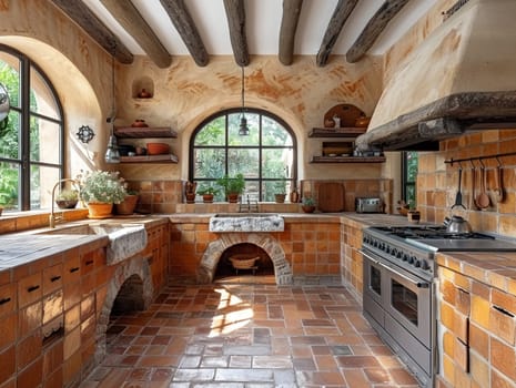 Italian villa kitchen with terracotta tiles and a rustic stone oven