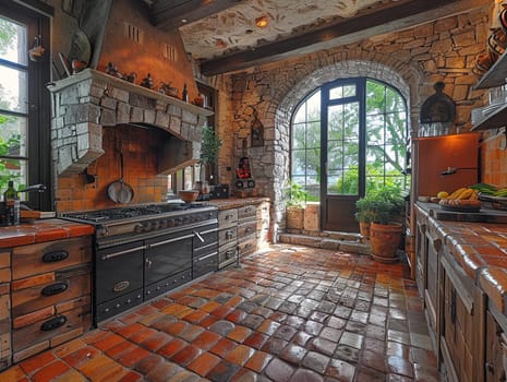 Italian villa kitchen with terracotta tiles and a rustic stone oven