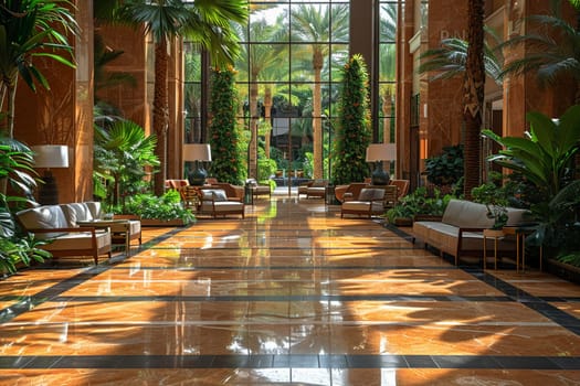 Lavish hotel lobby with marble floors, lush plants, and comfortable seating areas