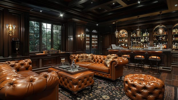 Masculine den with leather furniture, dark wood, and a built-in bar