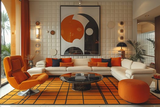 Mid-century modern living room with iconic furniture and geometric patterns