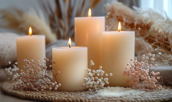 Group of White Candles on Wooden Table. Selective focus.