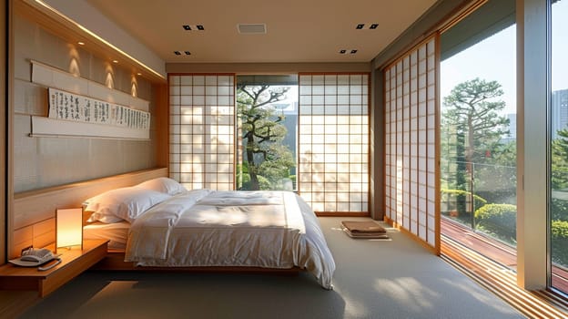 Minimalist Japanese-inspired bedroom with sliding shoji screens