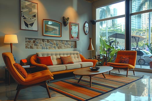 Mid-century modern living room with iconic furniture and geometric patterns