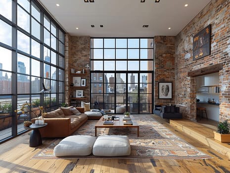 Minimalist urban loft with exposed brick and large, floor-to-ceiling windows