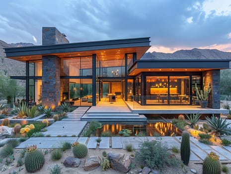 Modern desert home with large windows and cactus gardens