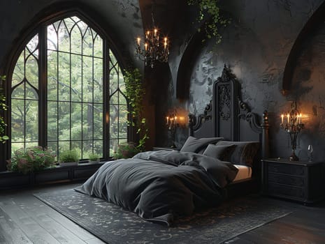 Modern Gothic bedroom with dark colors and dramatic decor