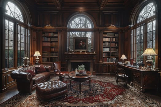 Old-world study with rich wood paneling and a hidden bookcase door