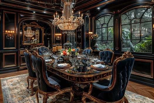 Opulent dining room with a crystal chandelier and elegant table setting