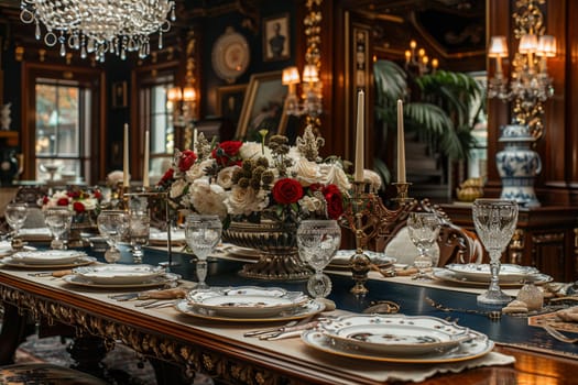 Opulent dining room with a crystal chandelier and elegant table setting