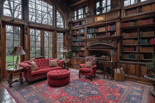 Old-world study with rich wood paneling and a hidden bookcase door