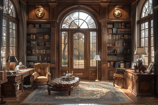 Old-world study with rich wood paneling and a hidden bookcase door