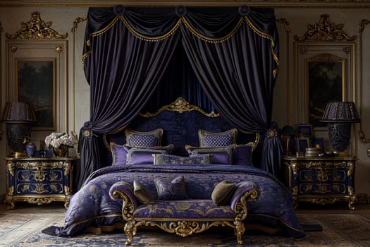 Opulent bedroom with a velvet canopy bed and gold decorative elements