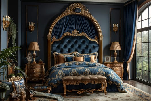 Opulent bedroom with a velvet canopy bed and gold decorative elements