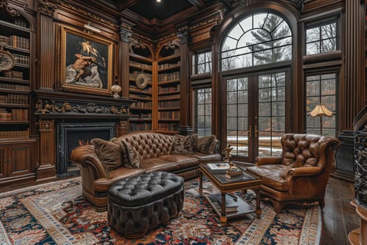 Old-world study with rich wood paneling and a hidden bookcase door