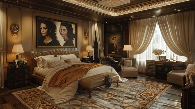 Old Hollywood glamour bedroom with satin drapes and vintage portraits