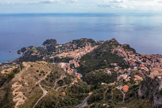 Aerial view of hills of Taormina city, Sicily, Italy