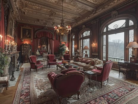 Ornate Victorian drawing room with rich textures and period furniture