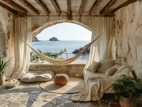 Peaceful seaside retreat with breezy curtains and a hammock