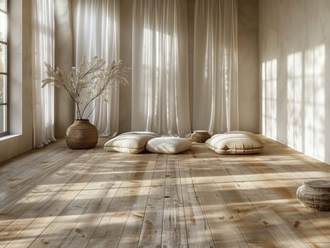 Peaceful yoga studio with natural wood floors and calming colors