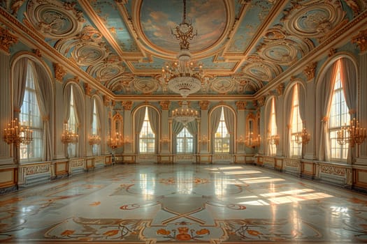 Regal ballroom with ornate details, high ceilings, and elegant drapery