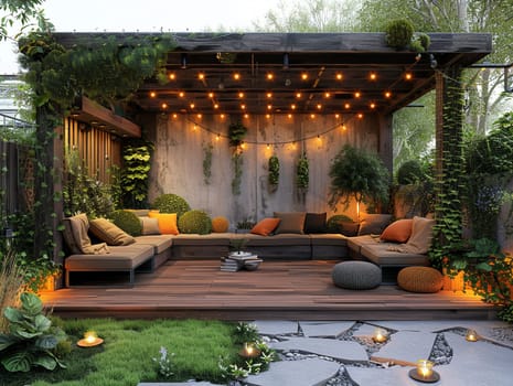 Rooftop urban garden with cozy seating and string lights