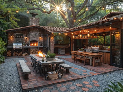 Rustic outdoor kitchen and dining area with a fire pit and string lights