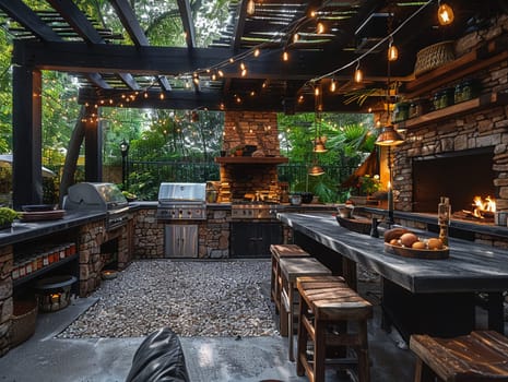 Rustic outdoor kitchen and dining area with a fire pit and string lights