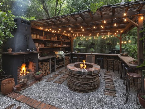 Rustic outdoor kitchen and dining area with a fire pit and string lights