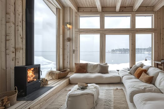 Scandinavian cabin with a wood stove and minimalist furnishings