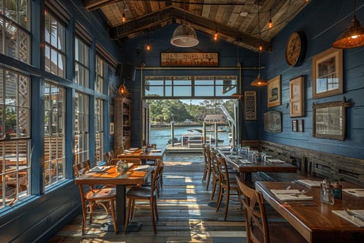 Seaside seafood restaurant with dockside views and nautical decor