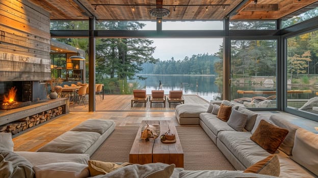 Serene lake house with panoramic views and open living spaces