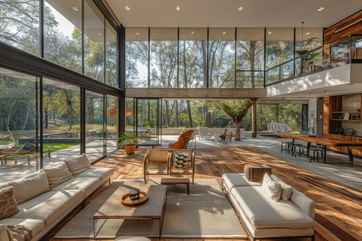 Sleek and spacious open-plan living area with floor-to-ceiling windows